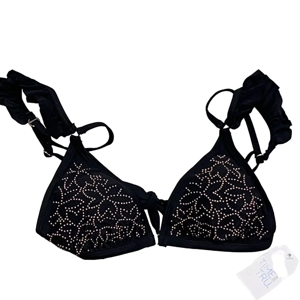NEW Time & Tru Black Missy Elevated Embellished Bikini Top